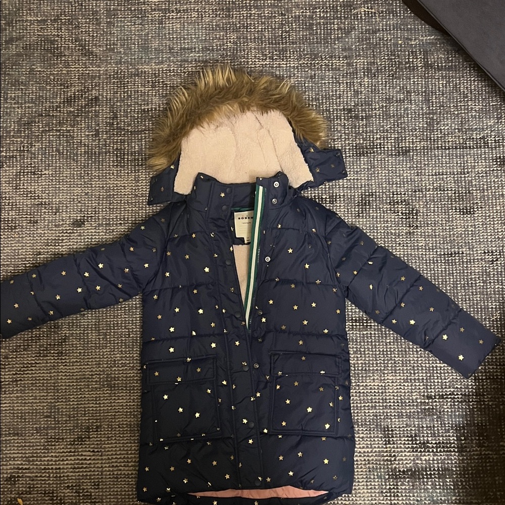 Mini Boden Navy Starry Puffer Coat with Faux Fur Hood